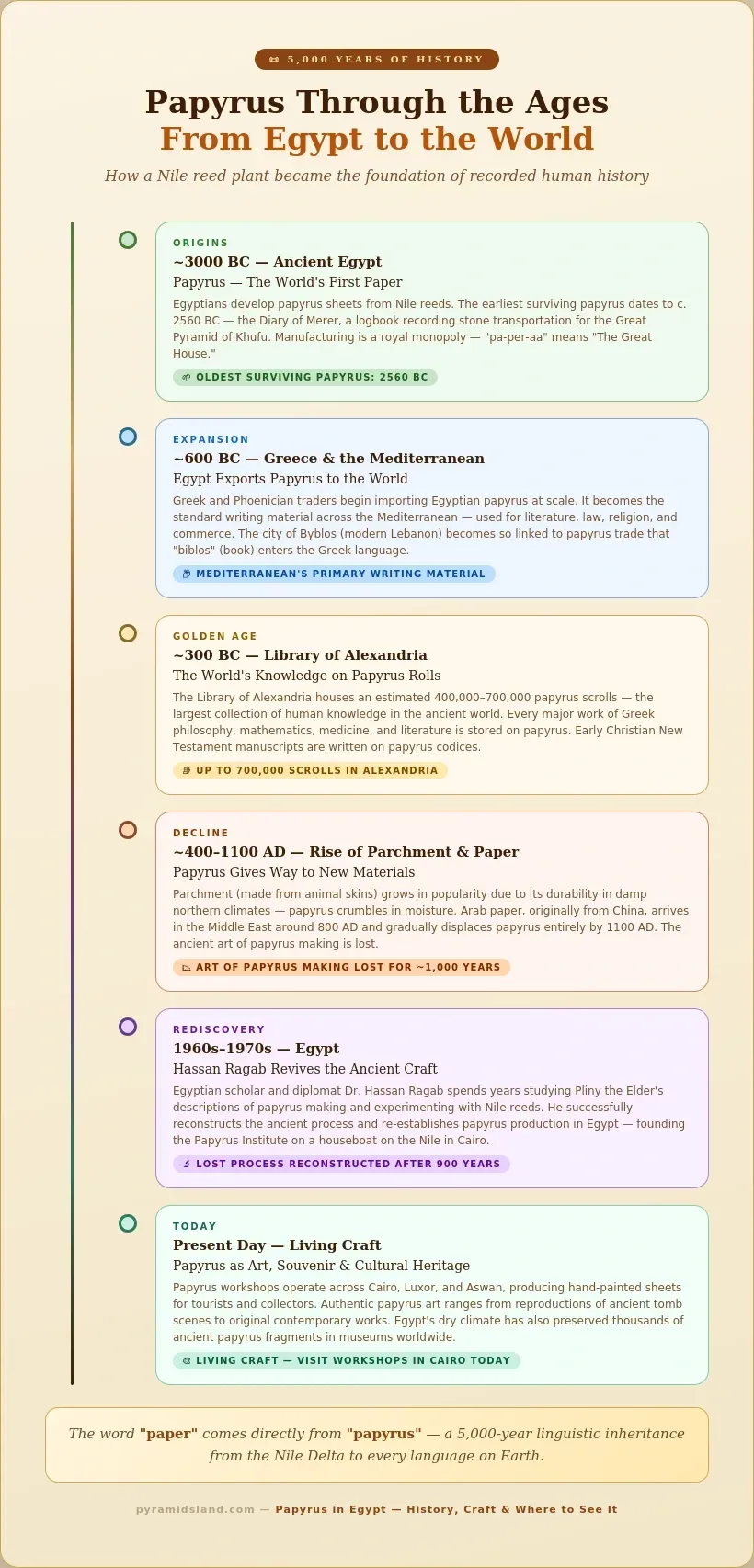 Timeline infographic showing 5000 years of papyrus history from ancient Egypt in 3000 BC through Greek adoption, the Library of Alexandria, decline with parchment and Arab paper, rediscovery in the 1960s, to present-day workshops.