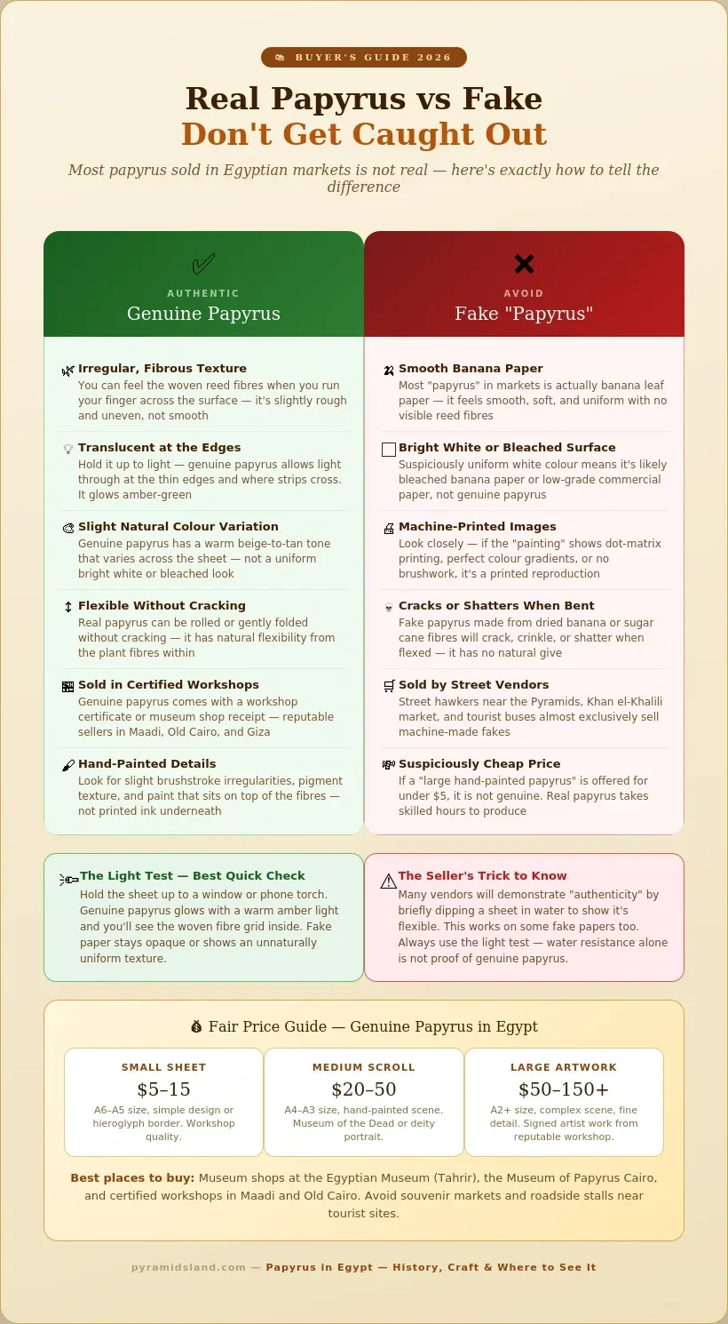 User's guide infographic comparing genuine Egyptian papyrus versus fake banana paper, including how to spot the difference by texture, light test, flexibility, colour, and price, with a fair price guide from $5 to $150+