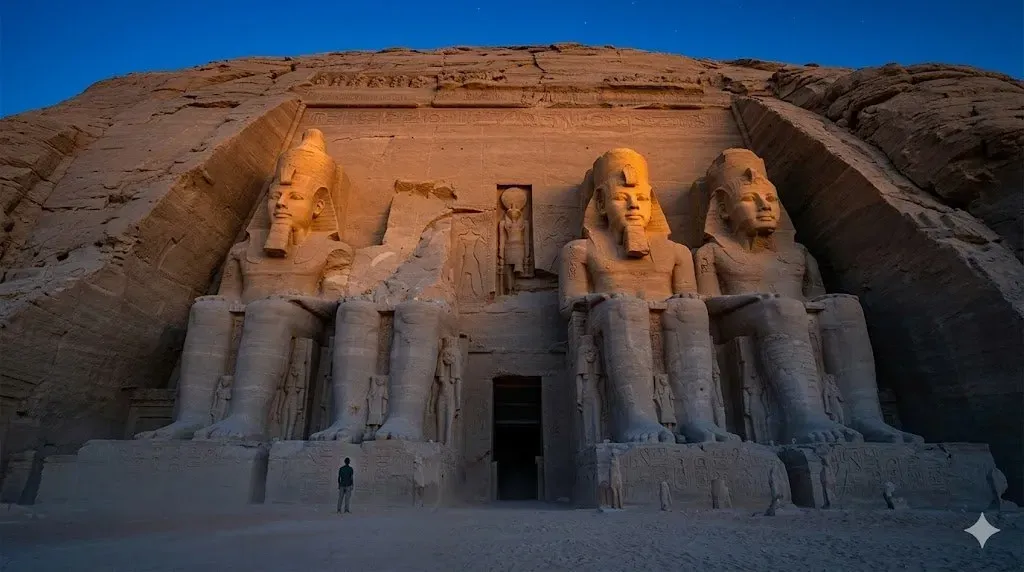 The four colossal statues of Ramesses II at Abu Simbel at dawn, dwarfing a single visitor standing a