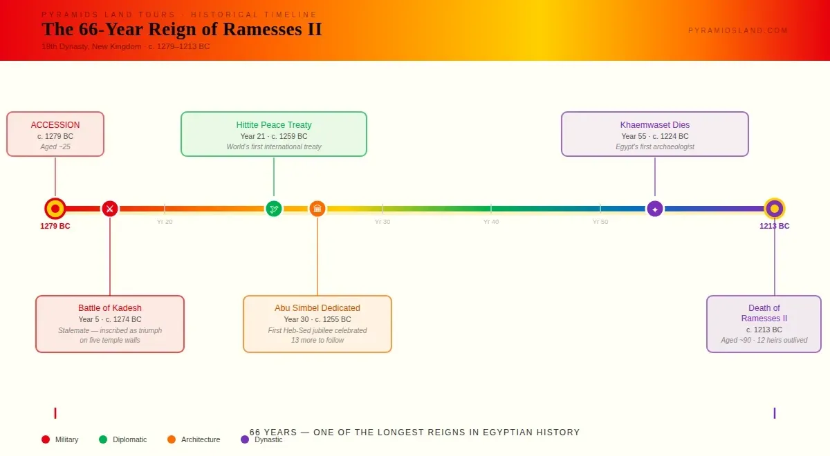 Timeline of Ramesses II's 66-year reign from 1279 to 1213 BC, showing the Battle of Kadesh (1274 BC), Hittite Peace Treaty (1259 BC), dedication of Abu Simbel (1255 BC), death of Prince Khaemwaset (1224 BC), and death of Ramesses II aged approximately 90. Pyramids Land Tours.