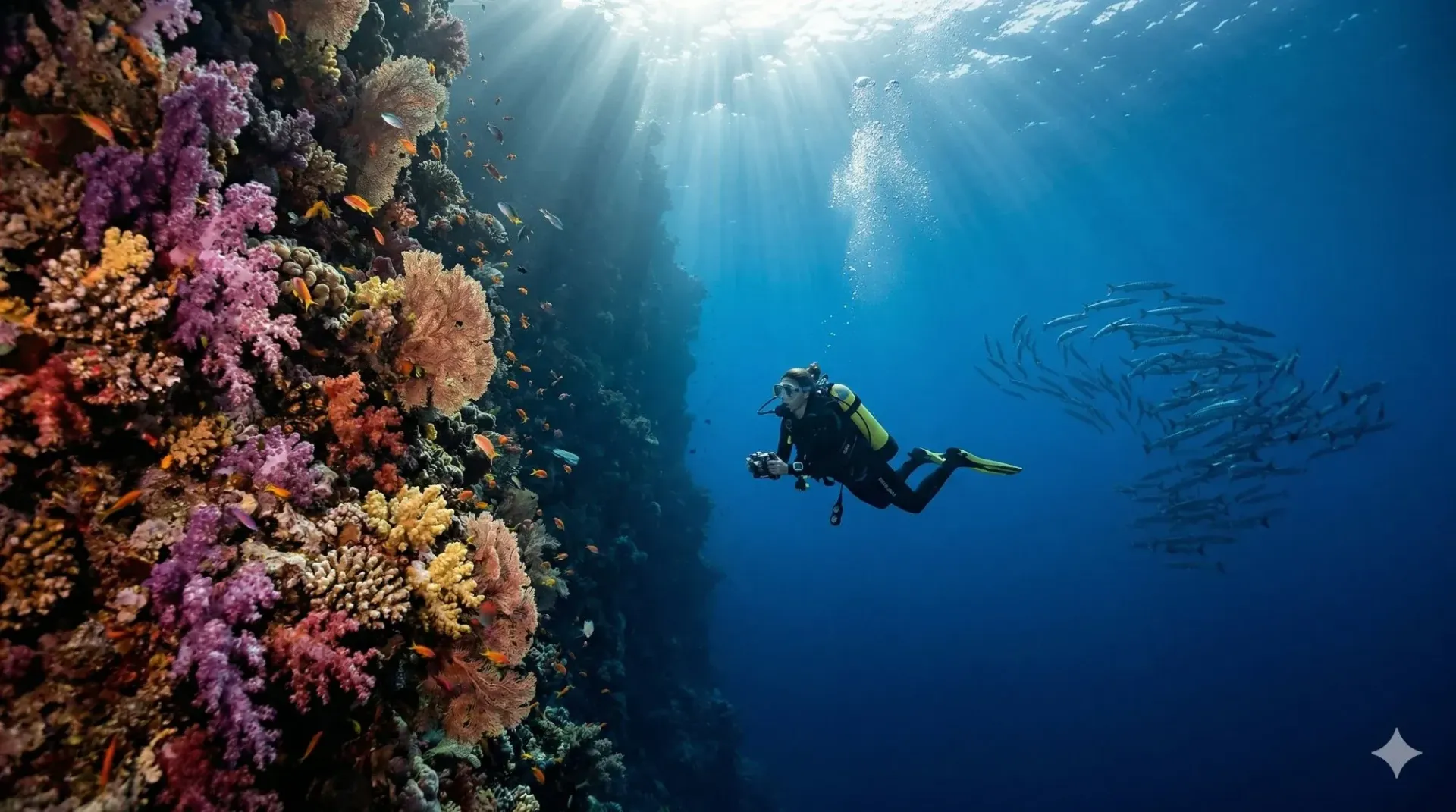 Scuba diver beside a vibrant coral wall with barracuda schooling in the deep blue Red Sea