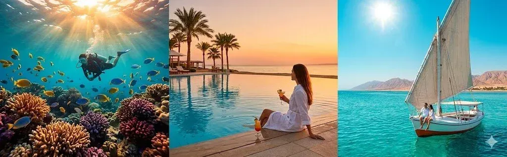 Red Sea guide showing a scuba diver above coral reef, a woman at an infinity pool resort at sunset, 