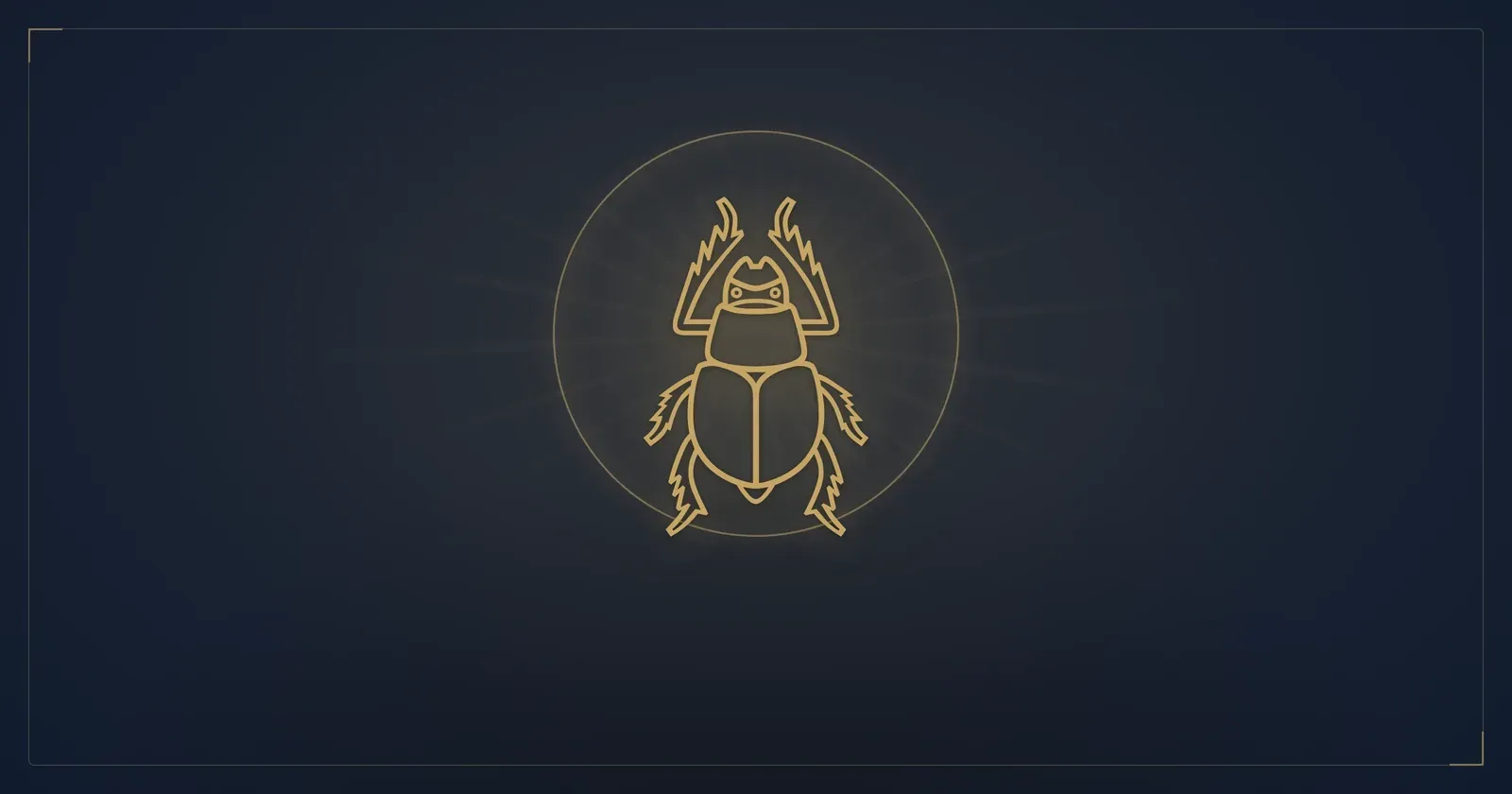 Gold ancient Egyptian scarab beetle hieroglyph over a rising sun on a deep navy background