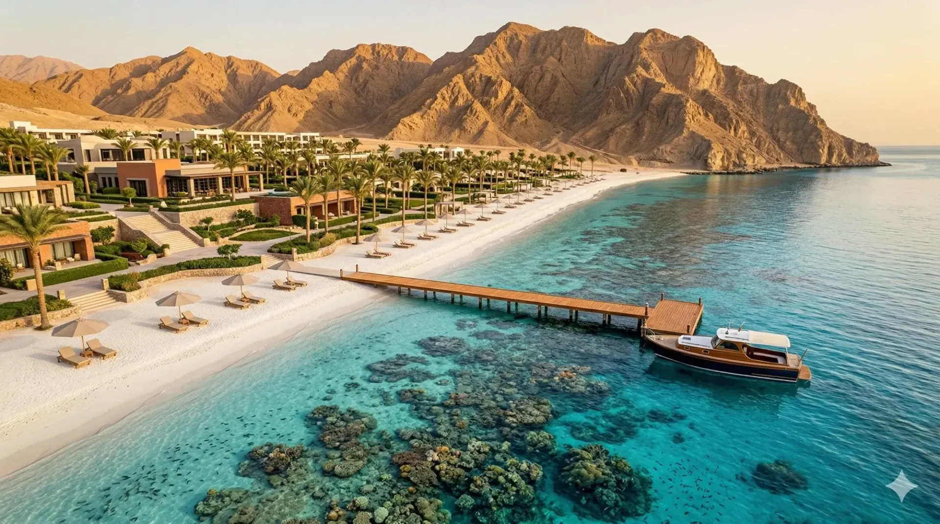 Aerial view of a luxury Sharm El Sheikh resort on the Red Sea coast — crystal-clear turquoise water 