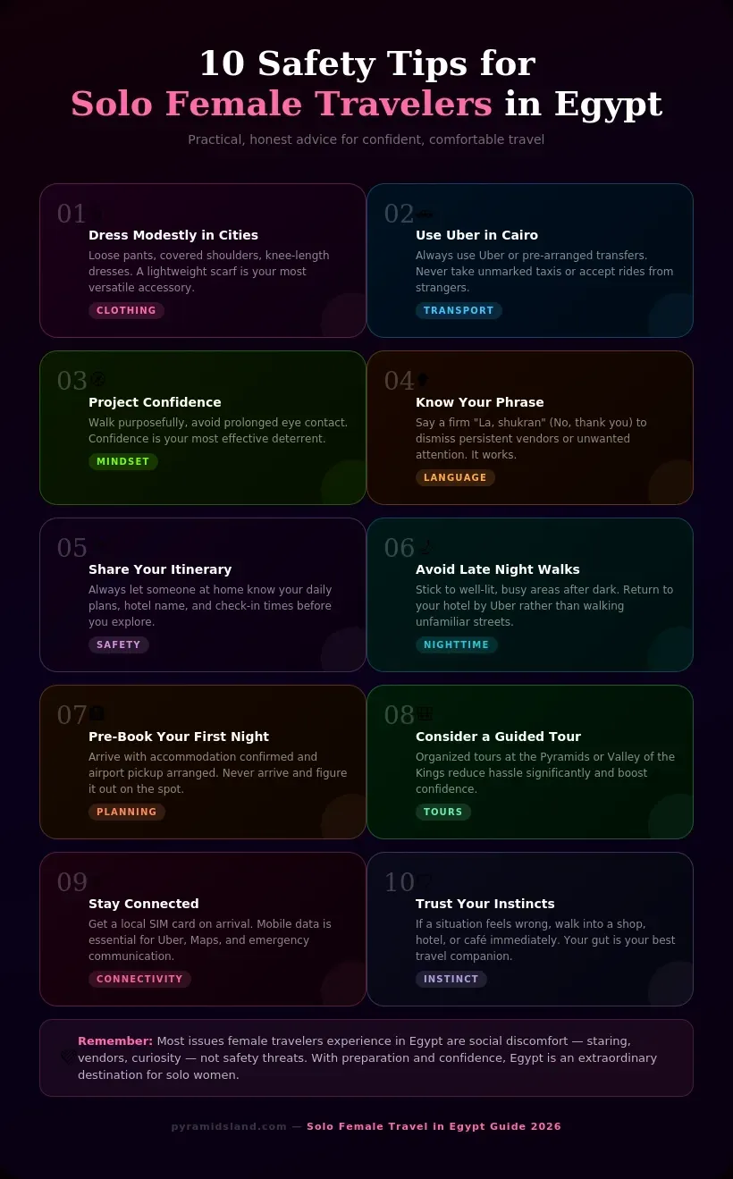 10 safety tips for solo female travelers in Egypt including advice on clothing, transport, confidence, language, nighttime safety, and staying connected in 2026