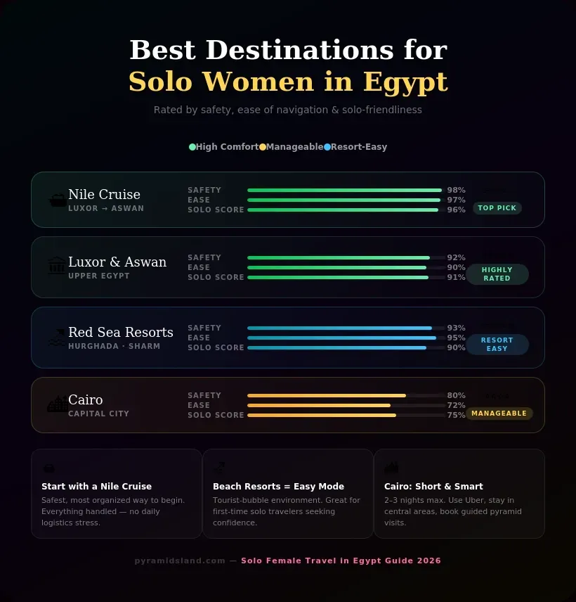 Destination safety ratings for solo female travelers in Egypt comparing Nile Cruise, Luxor and Aswan, Red Sea Resorts, and Cairo by safety score, ease, and solo-friendliness