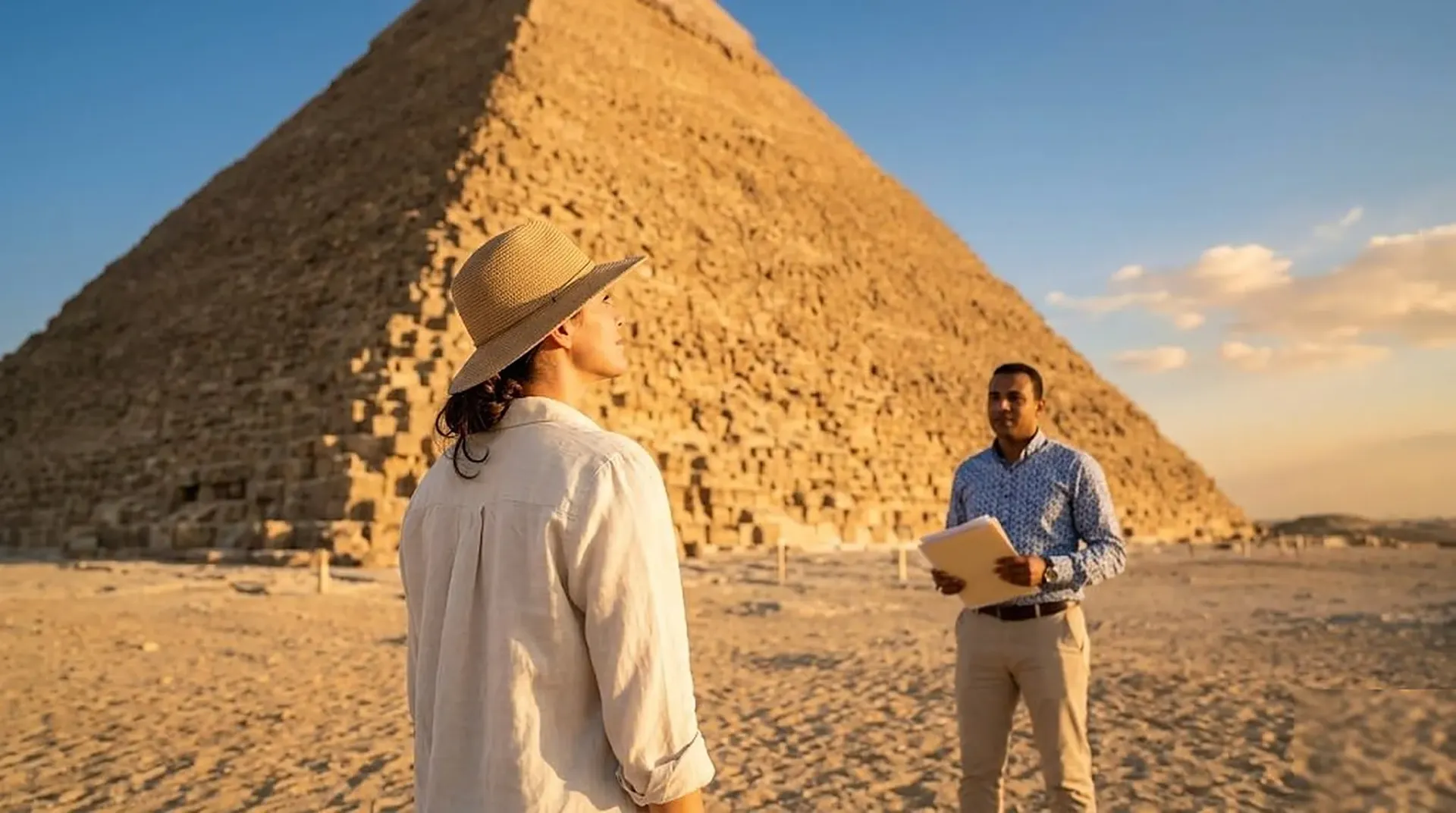 Solo female traveler with private Egyptologist guide at the Giza Pyramids during golden hour — Pyramids Land Tours