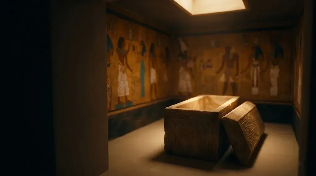 Dimly lit ancient Egyptian royal burial chamber with a stone sarcophagus in warm golden light, evoki