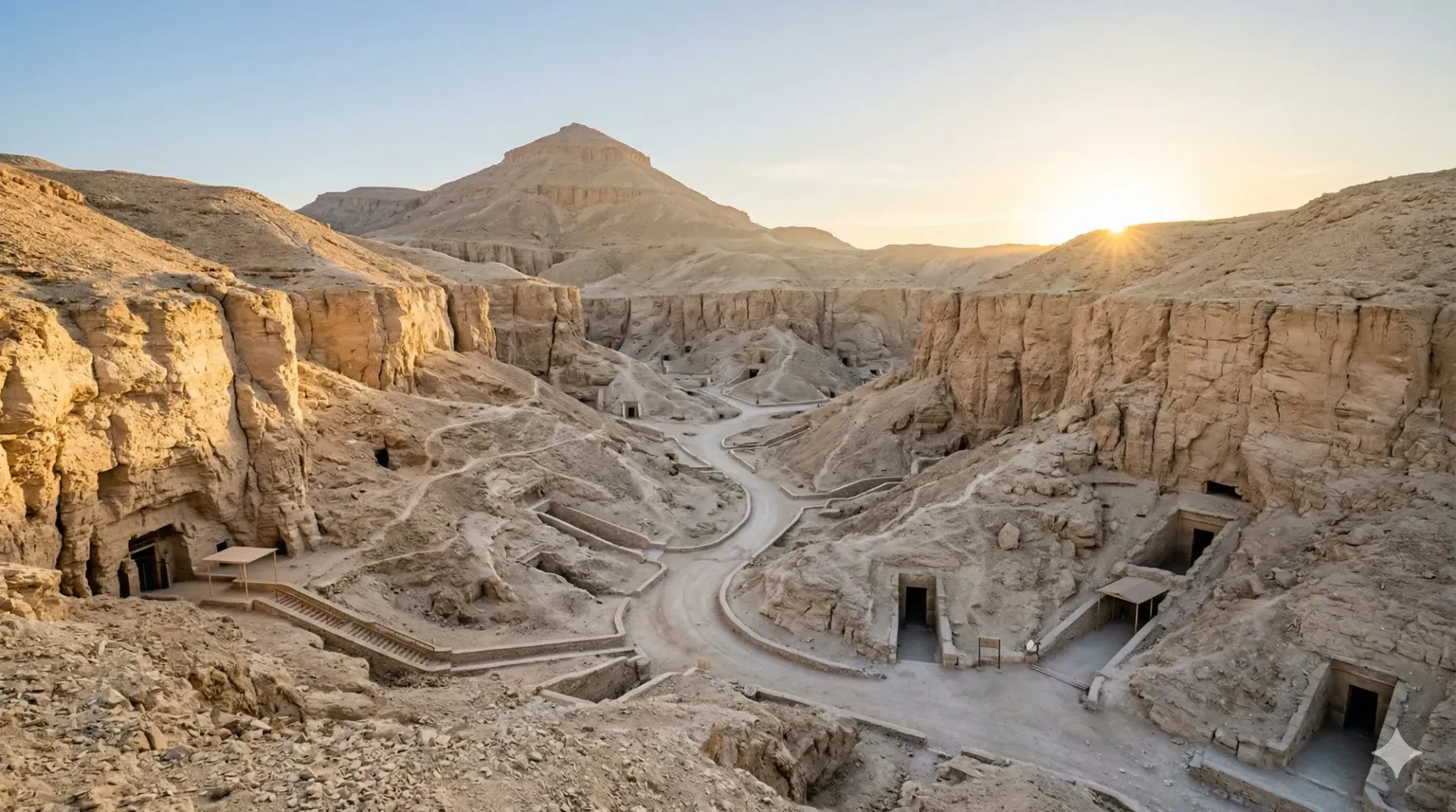 `Valley of the Kings at sunrise  limestone cliffs, tomb entrances, winding pathways, and the pyrami