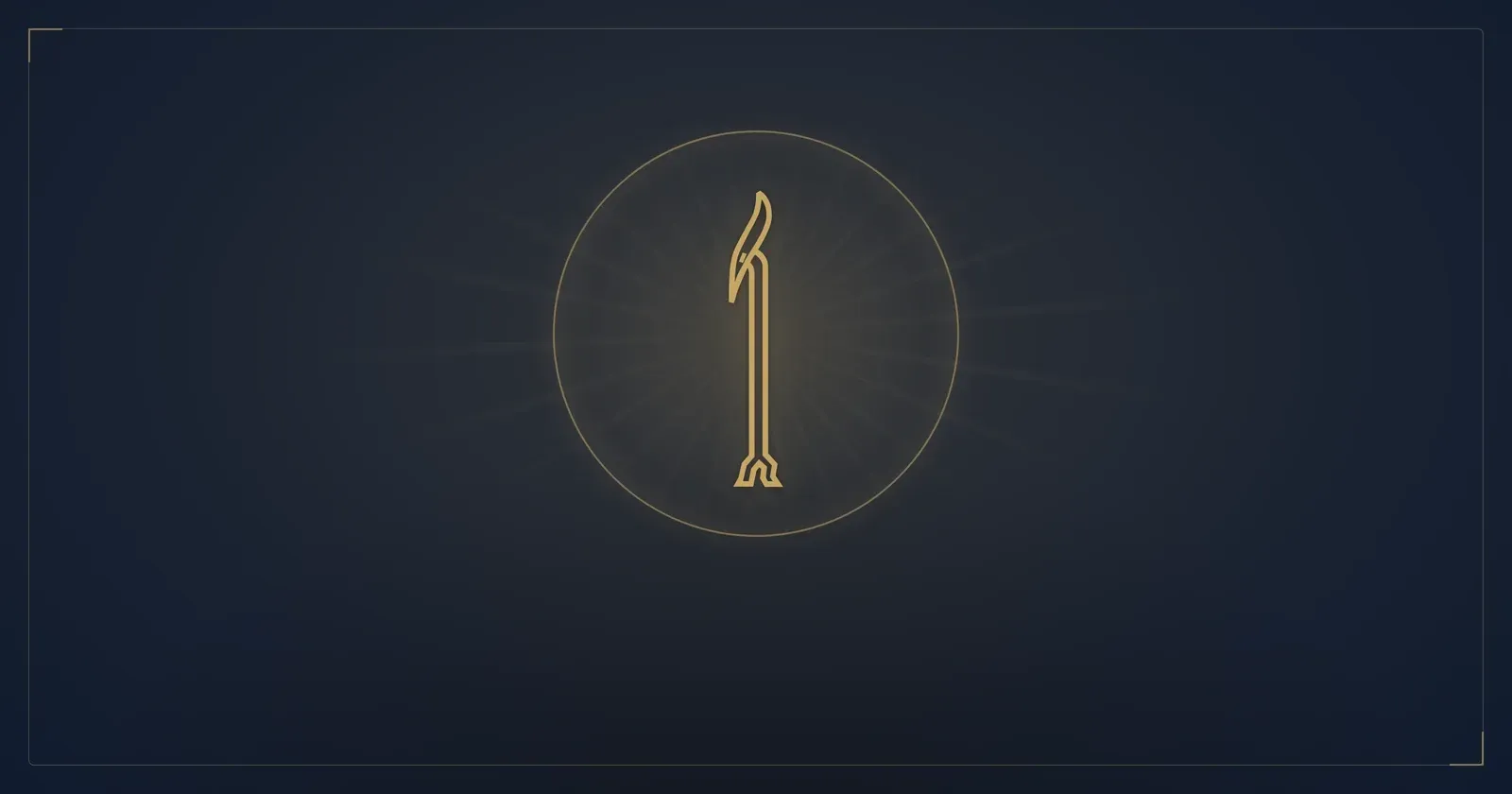 Gold ancient Egyptian was scepter hieroglyph over a rising sun on a deep navy background 
