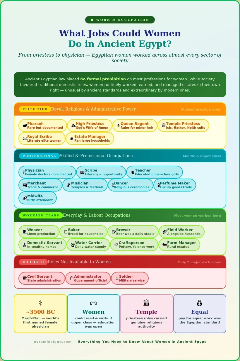 Tiered infographic showing occupations available to women in ancient Egypt, from elite roles including pharaoh, high priestess, and estate manager, through professional roles like physician, scribe, merchant, and musician, to working class roles like weaver, brewer, and field worker, with only civil servant, administrator, and soldier listed as closed roles