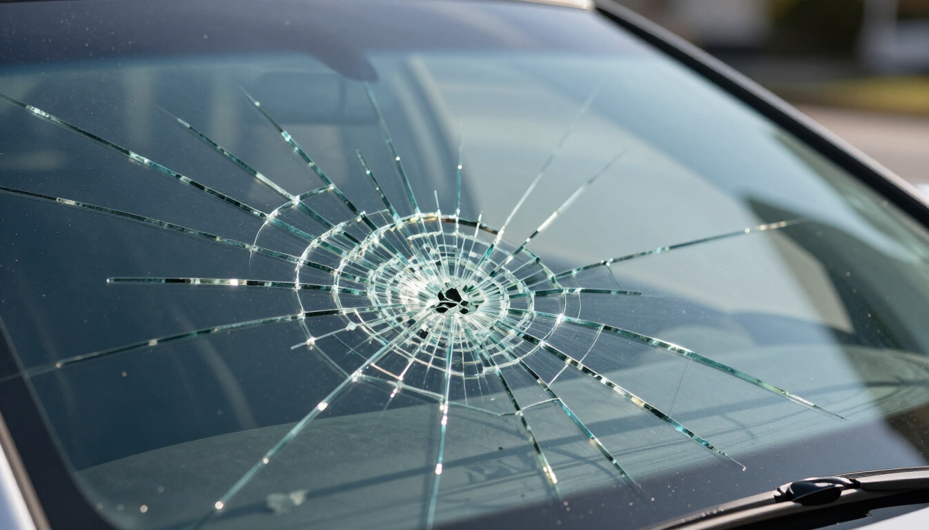 Close up of a cracked windshield requiring professional safety assessment.