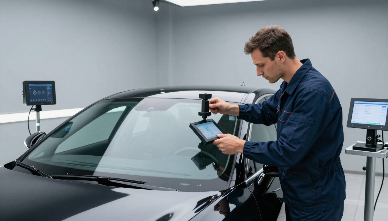 Close up of a modern car windshield with advanced driver assistance system camera housing.