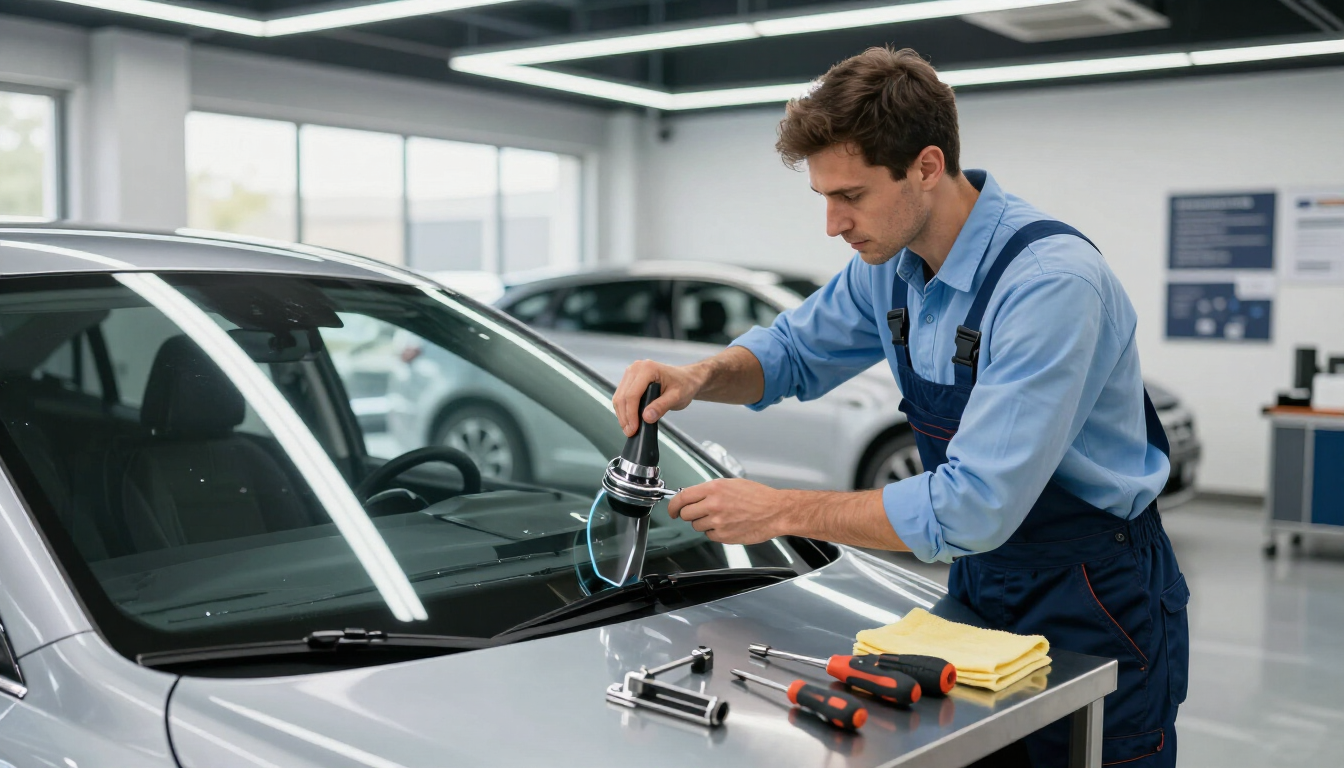 Technician working on a car windshield repair with professional tools.