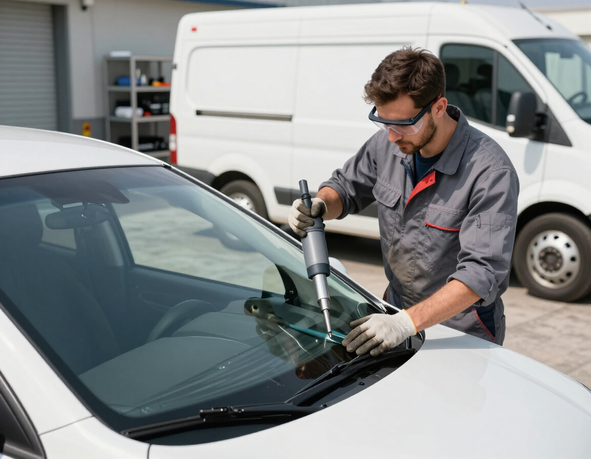 Mechanic repairing a car windshield with a tool in a workshop parking area