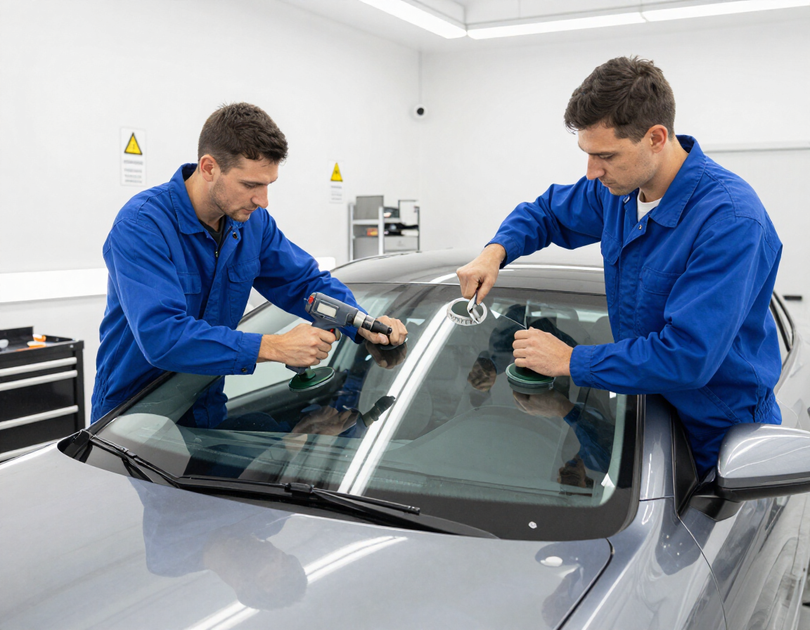 Two mechanics in blue coveralls repair a car windshield in a bright auto shop.