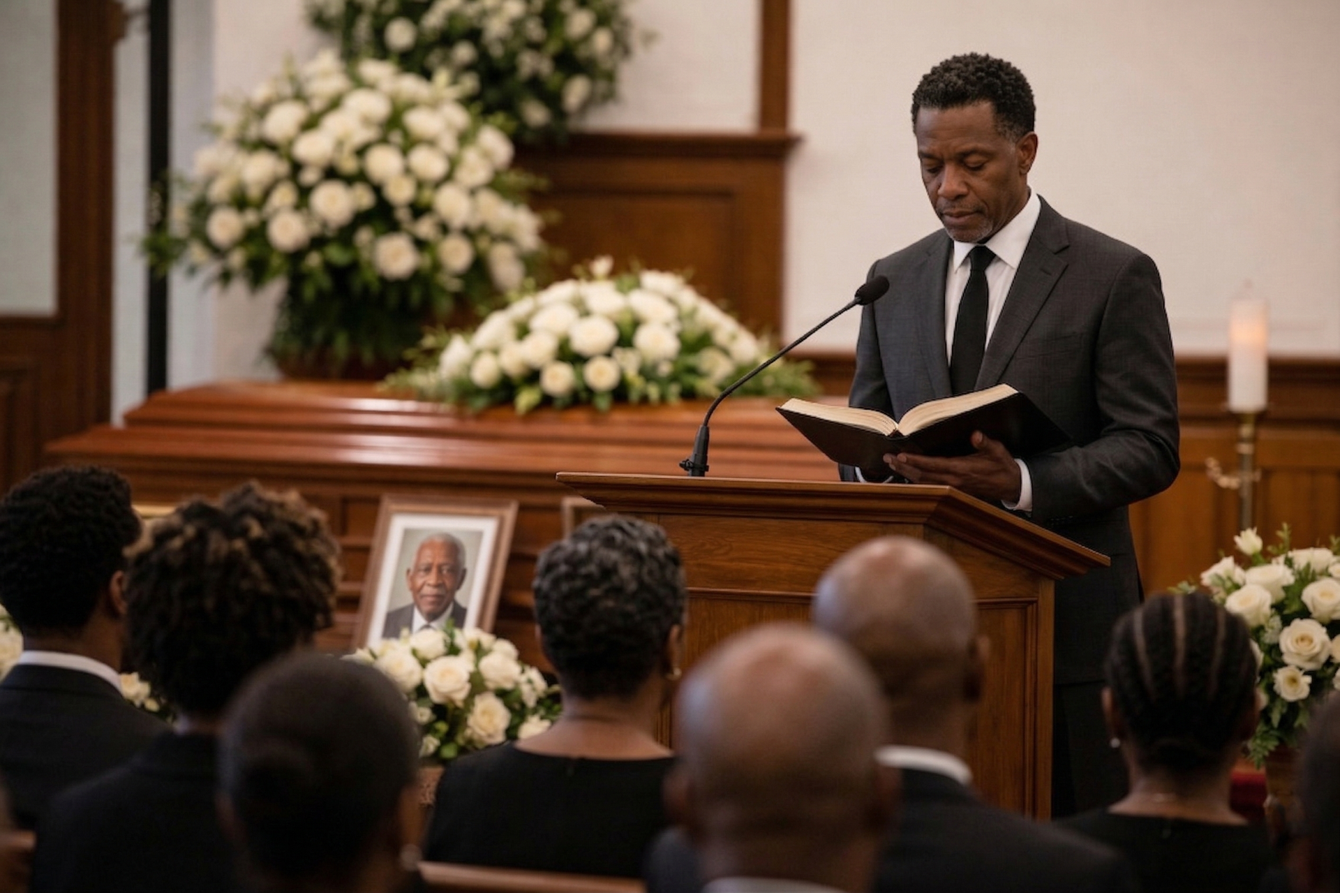 A man is standing in front of an open bible in a church.