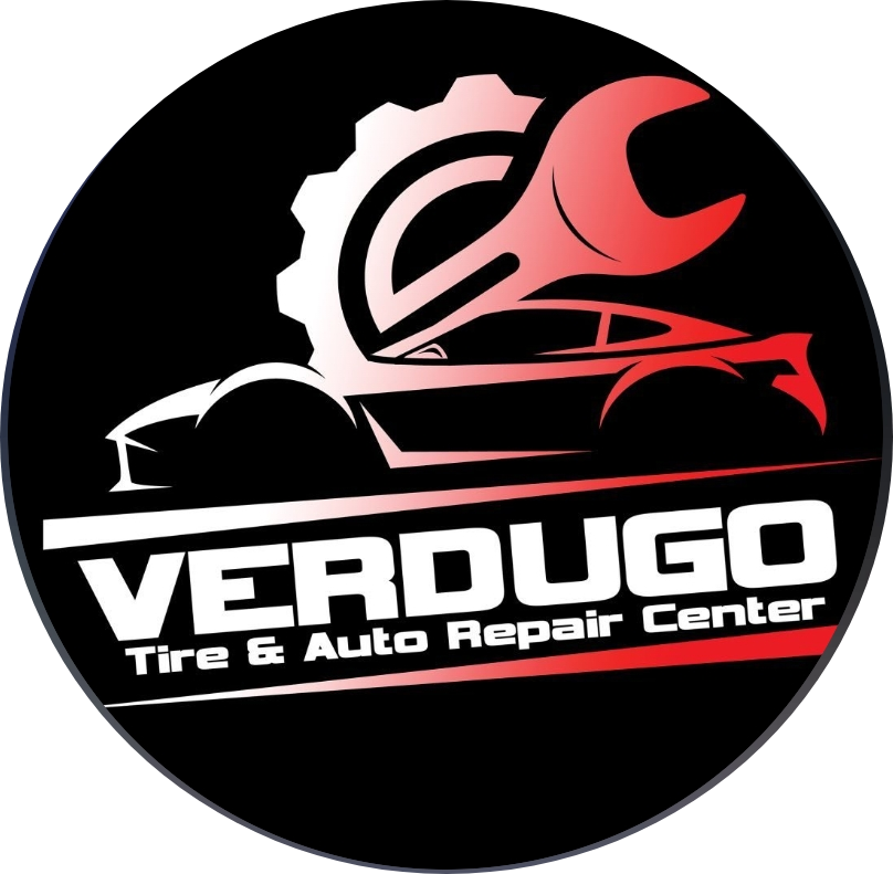 Logo for Verdugo Tire & Auto Repair Center, black circle with car silhouette, gear, wrench, and text.