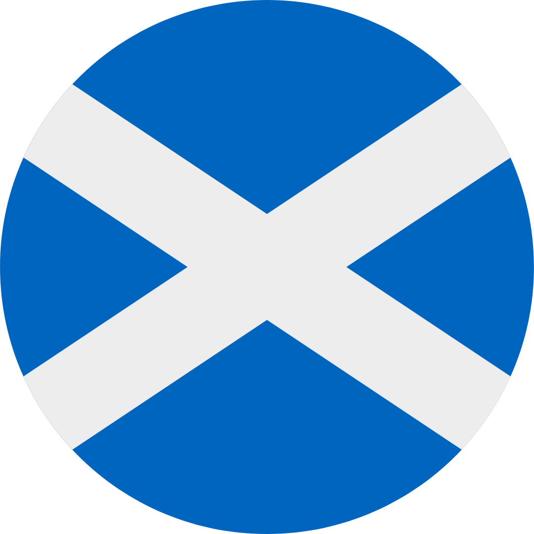 Blue circle with a white diagonal cross, representing the Scottish flag.