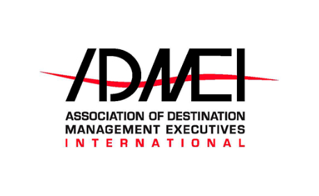 ADMEI logo with black letters and red accents, Association of Destination Management Executives International.