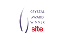 Crystal Award winner logo with blue curved lines and red