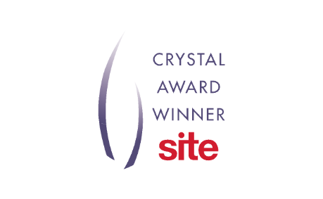 Crystal Award winner logo with blue curved lines and red 