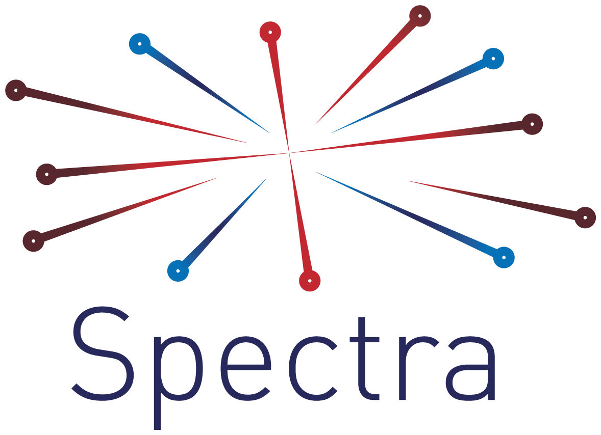 Logo: "Spectra" text below a burst of lines radiating from a central point; alternating red, blue and dark brown dots.