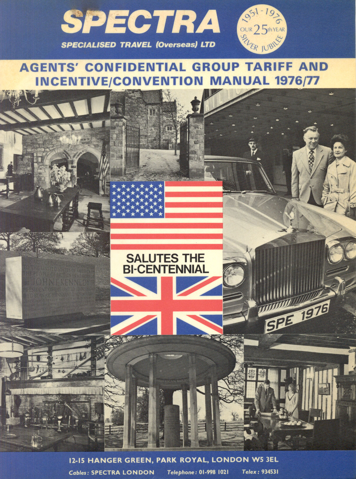 Cover of Spectra travel manual; features US and UK flags, 
