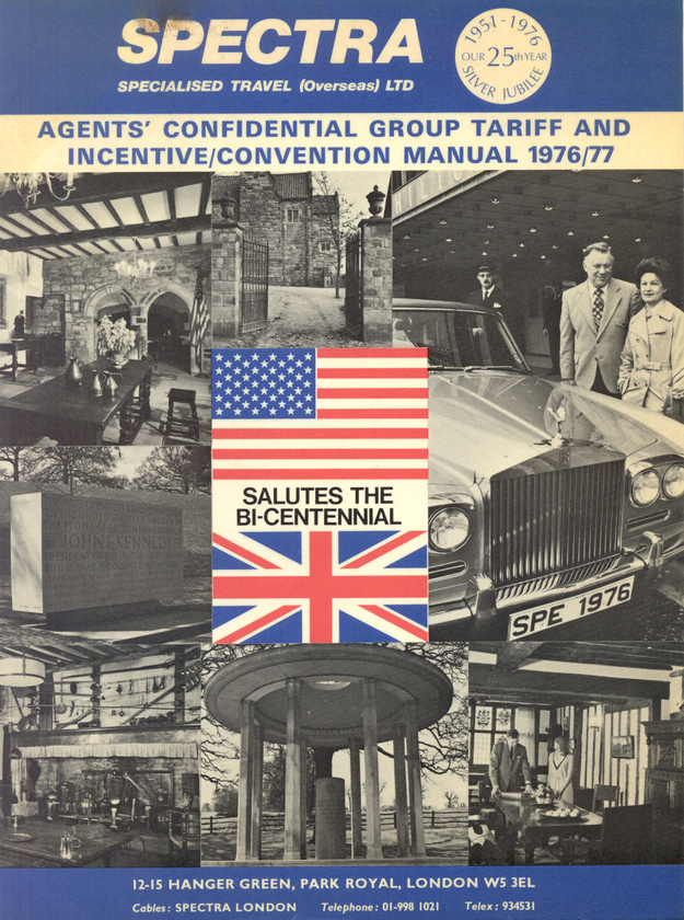 Cover of Spectra travel manual; features US and UK flags, 