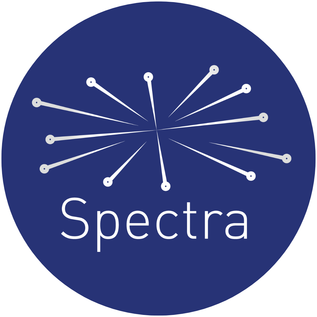 Spectra logo: white burst design, text below on a blue circular background.