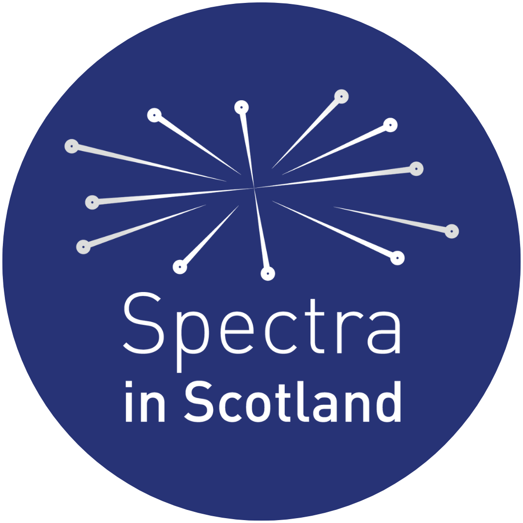Spectra in Scotland logo: blue circle with a burst of white lines and dots above white text.