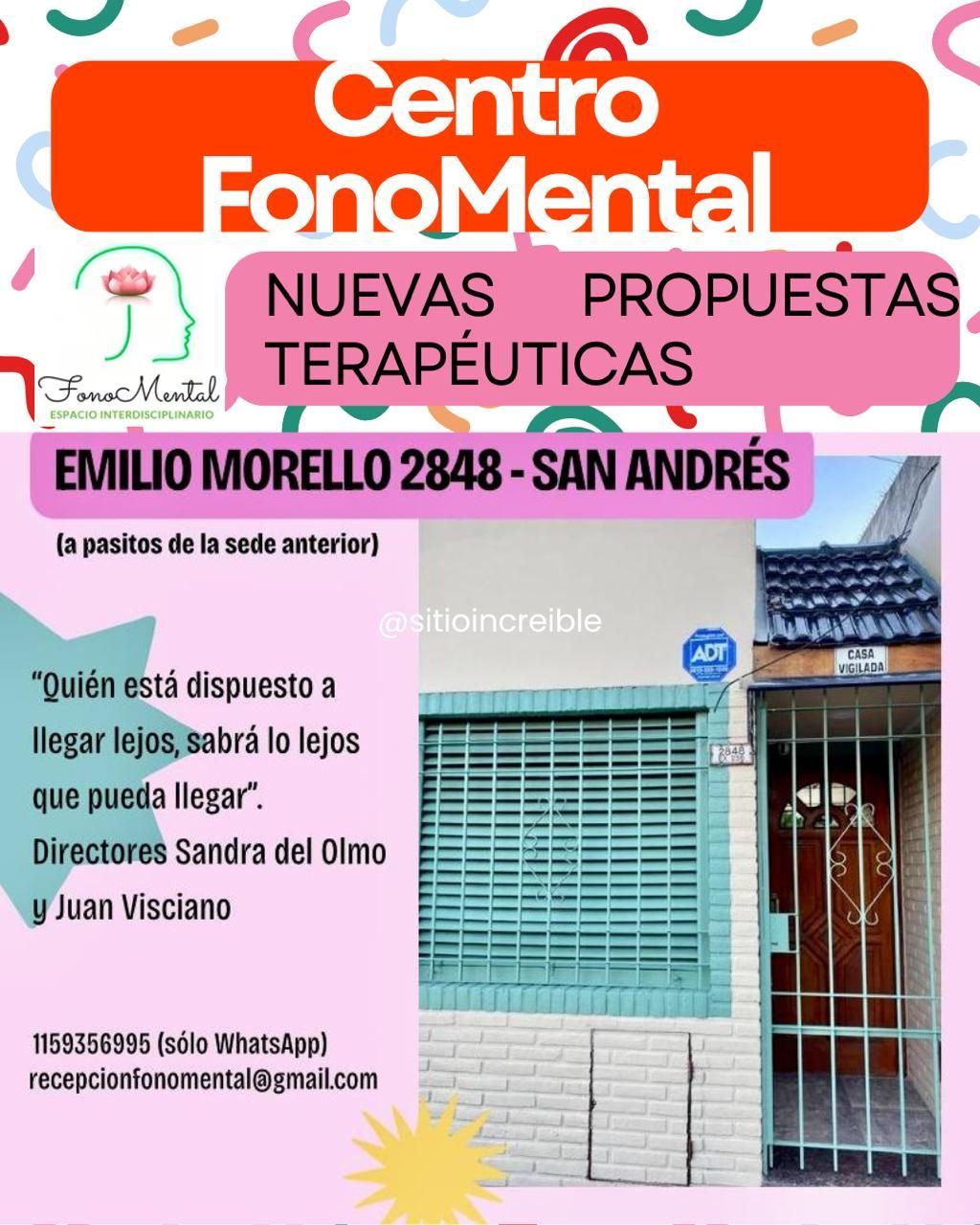 Anuncio del centro de terapia FonoMental en San Andrés, Argentina. Muestra la fachada del edificio con la dirección