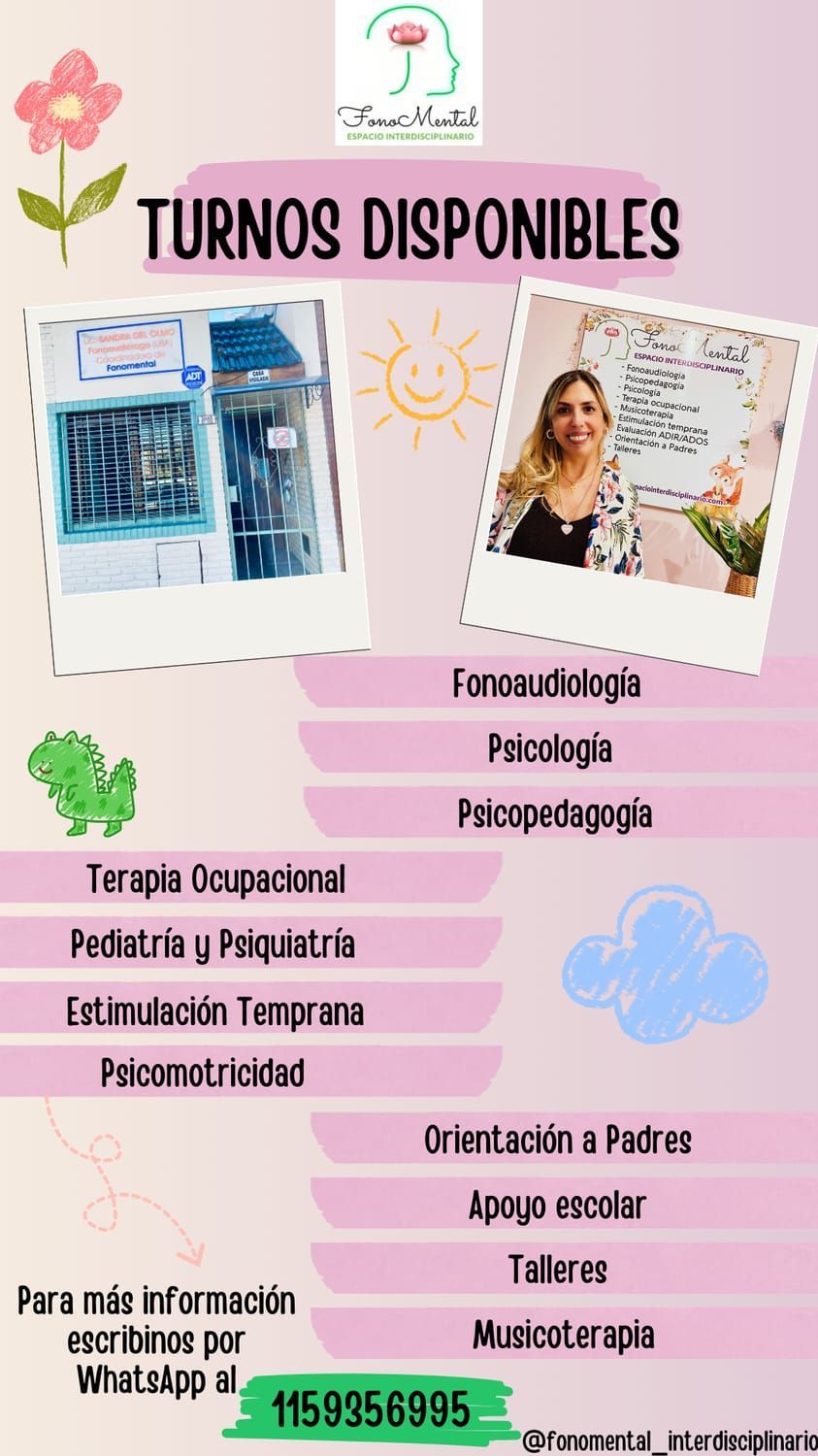 Anuncio de citas disponibles: Incluye fotos de la oficina y de la mujer, enumera servicios como terapia ocupacional