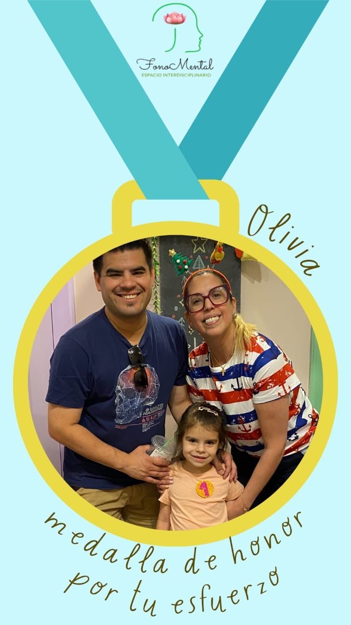 Medal with photo of a smiling family; gold medal says 