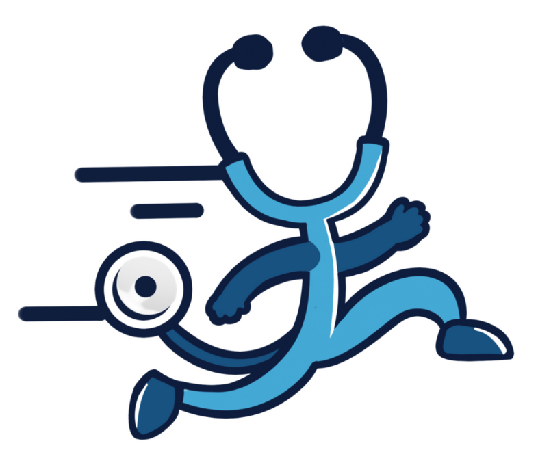 The logo for swift health care is black and blue with a blue cross.