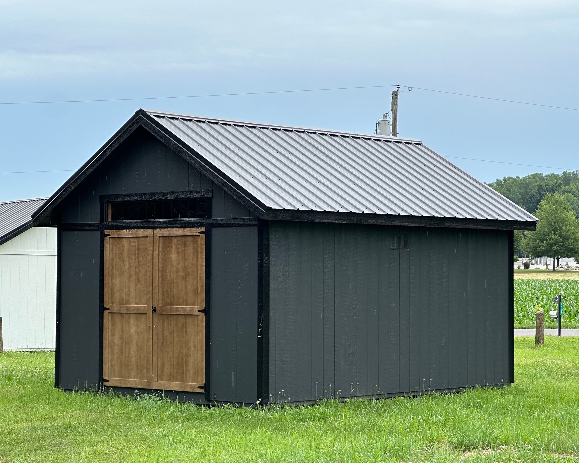 A black shed with a metal roof is sitting in the middle of a grassy field.