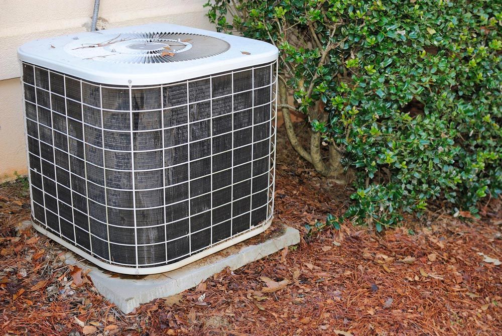 An air conditioner is sitting on the ground next to a bush.