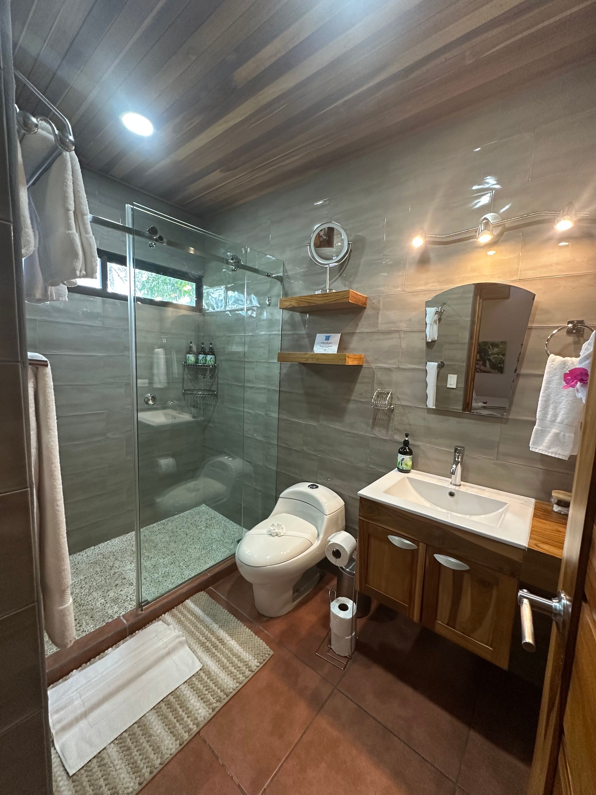A bathroom with a toilet , sink , mirror and walk in shower.