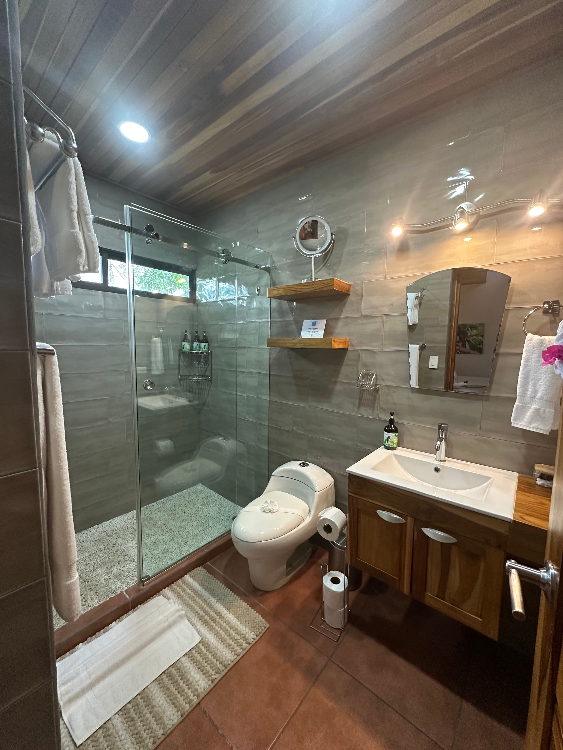 A bathroom with a toilet , sink , mirror and walk in shower.