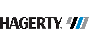 Hagerty logo in black with three diagonal blue and gray stripes