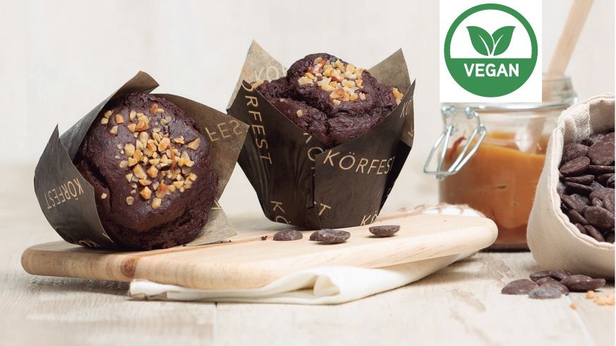 Vegan Caramel and Chocolate Muffin thaw and serve, ready to eat
