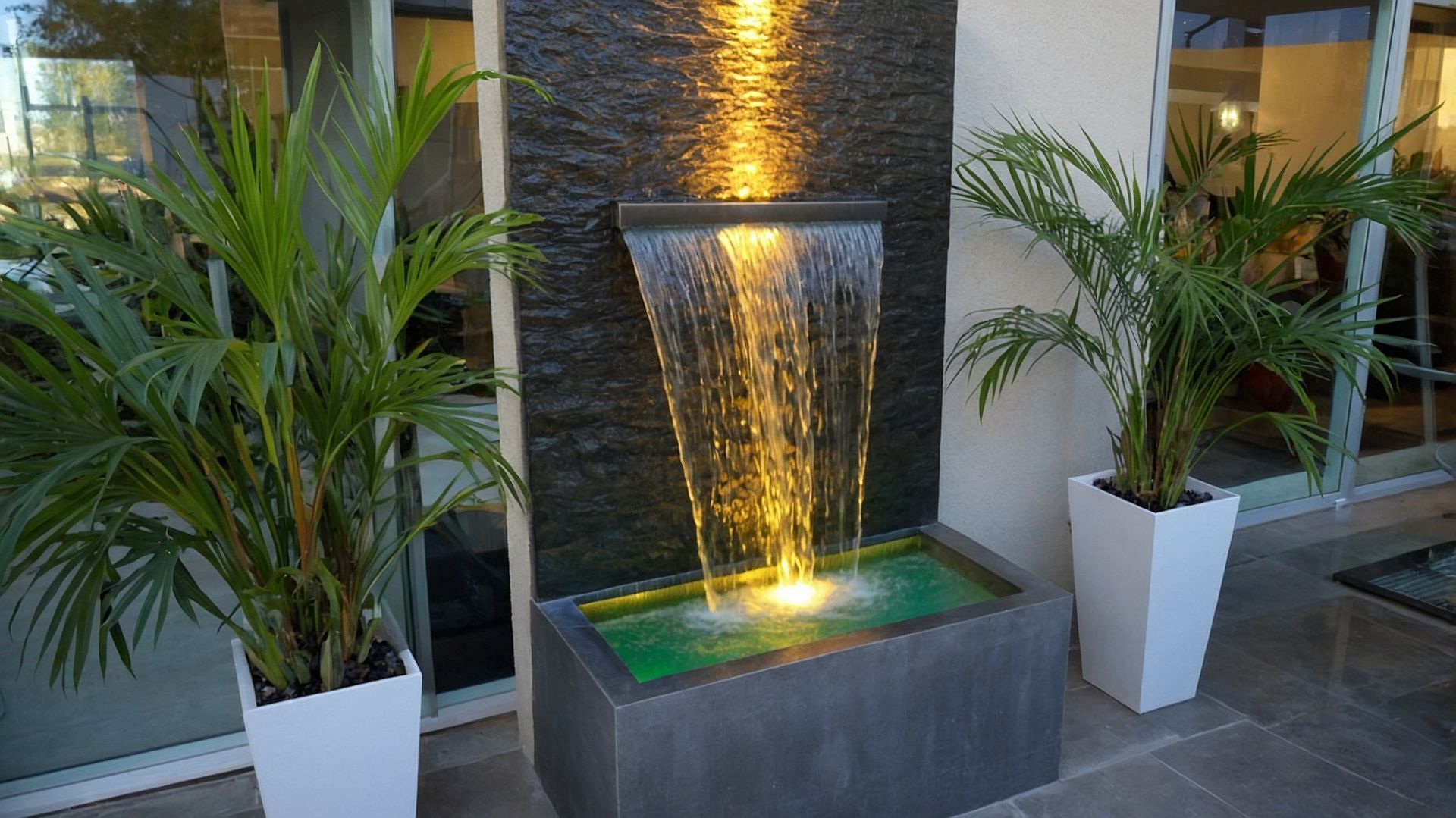 Water fountain with illuminated waterfall, flanked by potted palm trees
