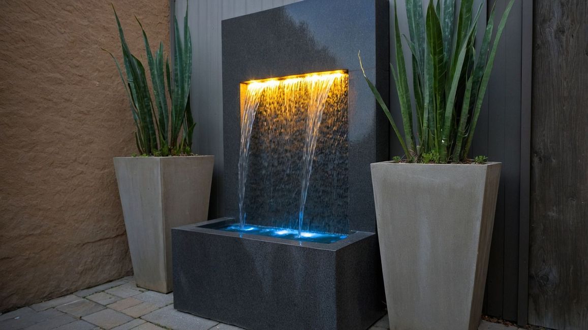 Water fountain with illuminated water flowing down a dark stone wall, flanked by potted plants