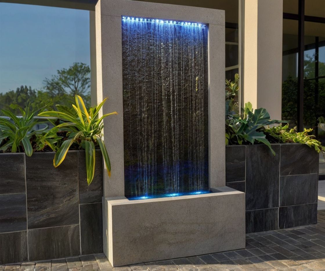 Outdoor water fountain with blue LED lights, surrounded by plants and modern architecture