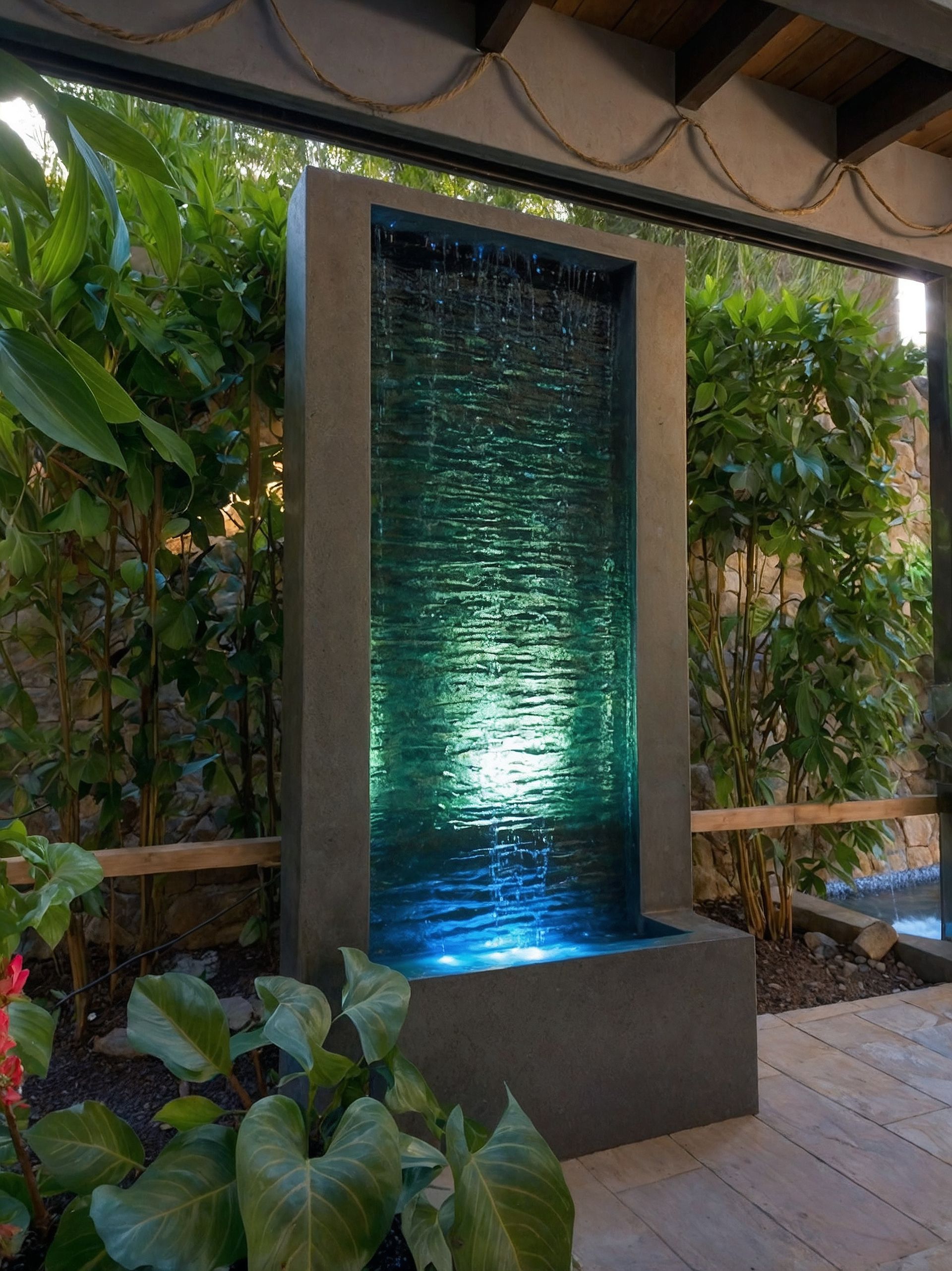 Water fountain with green and blue lighting, set in a garden with lushgreenery