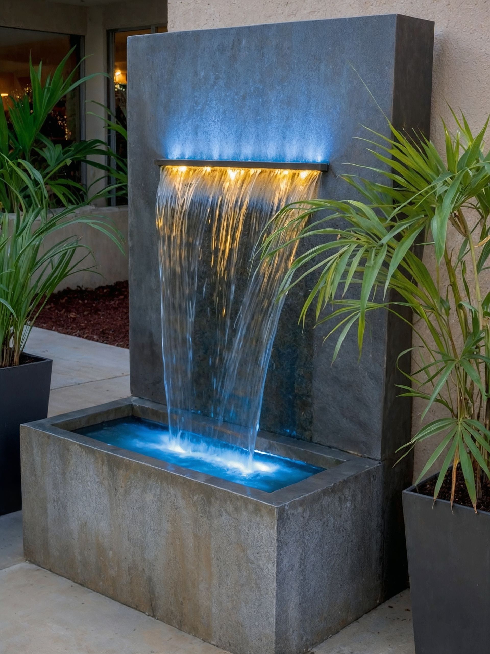 Water fountain with blue and gold lights, flowing into a rectangular basin, flanked by potted plants
