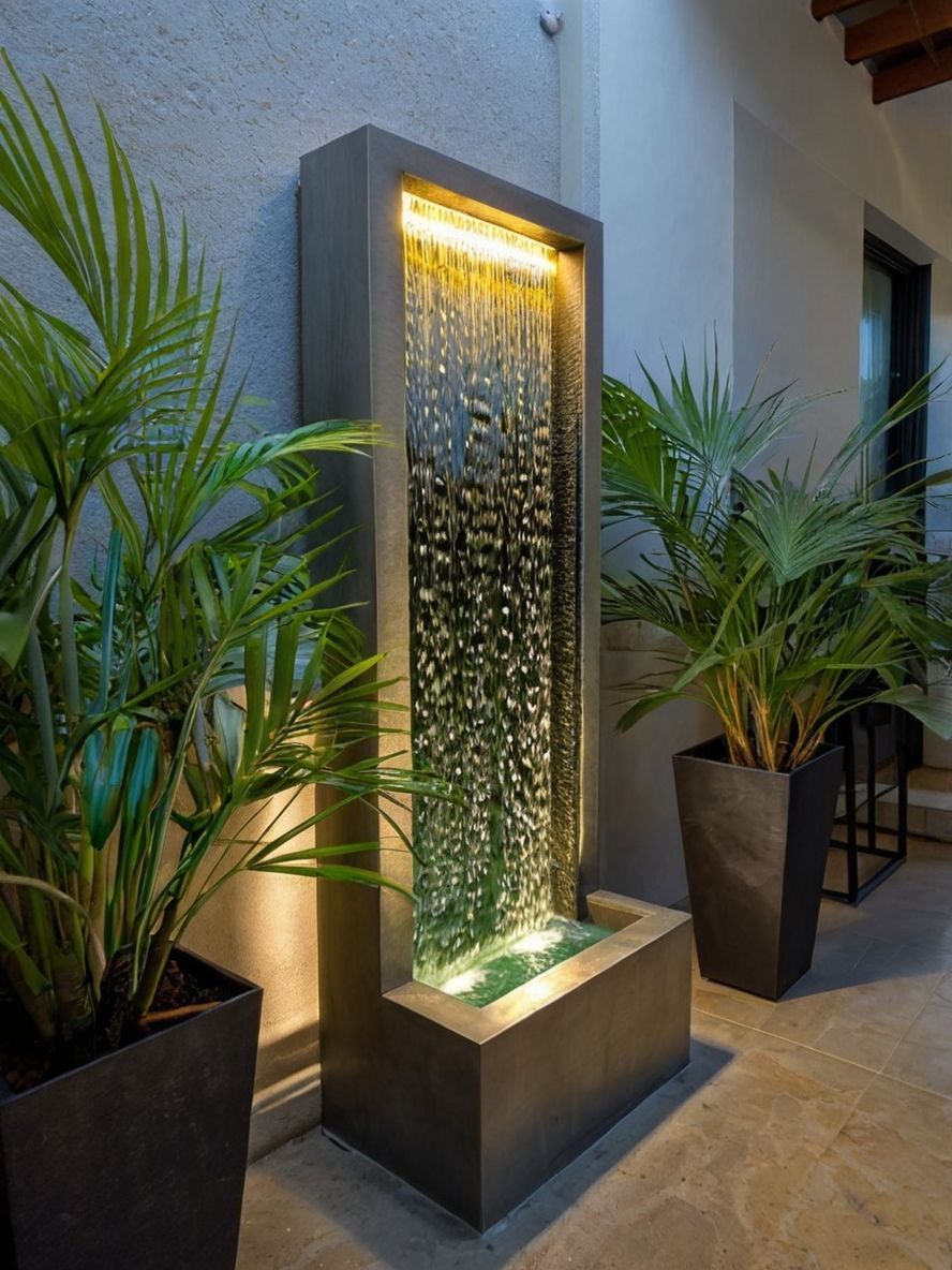 Modern outdoor water fountain with cascading water, flanked by potted plants