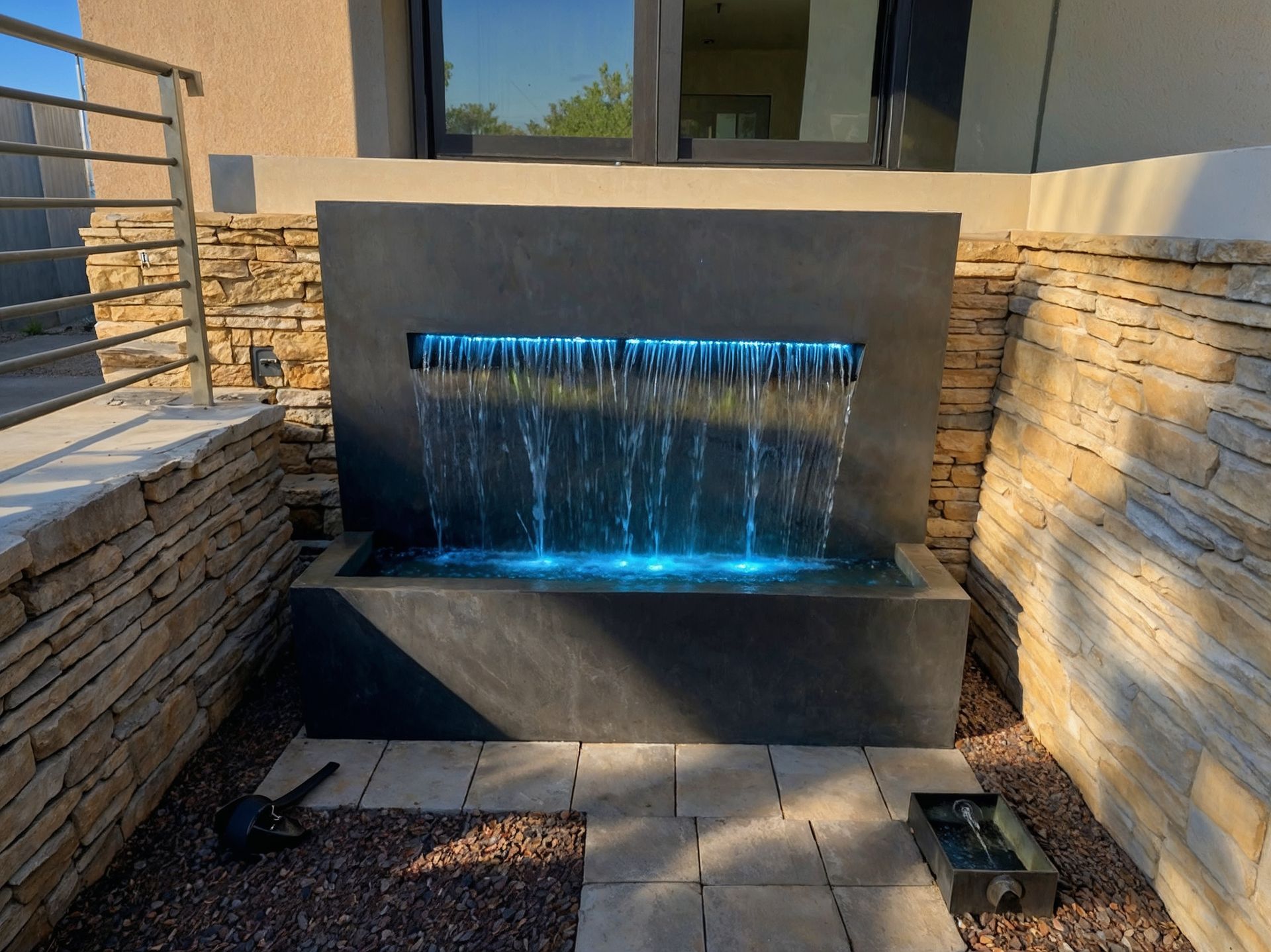 Water fountain with blue lights, set in a stonewall outdoor area