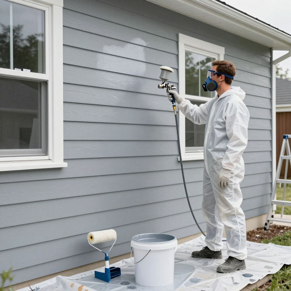 Man in protective suit uses paint sprayer on house siding.