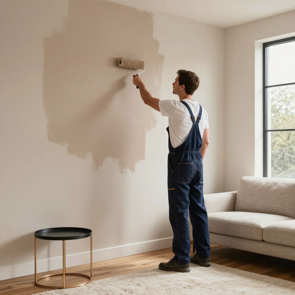 Person painting a wall with a paint roller in a room. Beige walls, beige paint swatch.